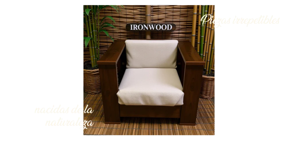Sillón artesanal de madera maciza Ironwood con diseño exclusivo inspirado en la naturaleza y fabricación en Galicia